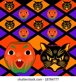 vintage jack o lantern and black cat decorations shown individually and as possible pattern