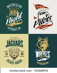 Vintage jaguar, wolf, eagle and owl bikers club t-shirt vector isolated logo set. Premium quality motor band logotype tee-shirt emblem illustration. Wild animal mascot street wear tee print design.