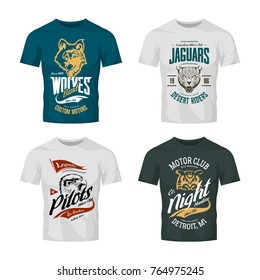 Vintage jaguar, wolf, eagle and owl bikers club vector logo t-shirt mock up set. Premium quality motor band logotype tee-shirt emblem illustration. Wild animal mascot street wear tee print design.