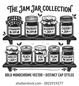 Vintage jam jar collection set with different fruit flavors preserves strawberry raspberry blueberry blackberry homemade container illustration monochrome breakfast foodstuff culinary