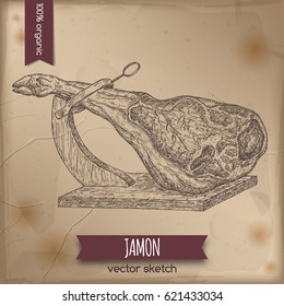 Vintage jamon template placed on old paper background. Great for market, restaurant, grill cafe, food label design.