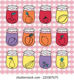 Vintage jams vector collection. Hand-drawn set of different confitures. Isolated pots of jam. Jam jar. Vector illustration.
