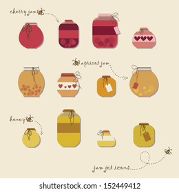 Vintage jams vector collection. Strawberry jam. Red cerry jam. Pear jam. Apple jam. Set of different confitures. Isolated pots of jam. Jam jar. Eps 10