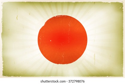 Vintage Japan Flag Poster Background/
Illustration of a japanese country flag poster, white with rising sun and vintage design, grunge textures and sunbeams, for national holidays