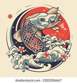 vintage japan koi fish water element traditional japanese  ornament logo vector illustration