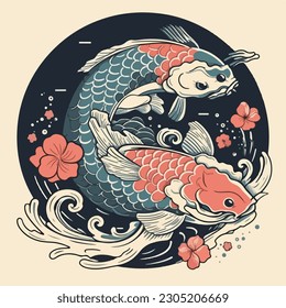 vintage japan koi fish water element traditional japanese  ornament logo vector illustration