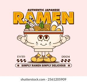 Vintage Japan Ramen Noodle cartoon character graphic design, ideal for graphic tees, t-shirts, posters, stickers, merchandise, and more