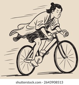 Vintage Japanese Bicycle Rider Sketch, Monochrome Line Art