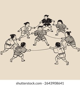 Vintage Japanese Children Playing Sketch, Monochrome Line Art