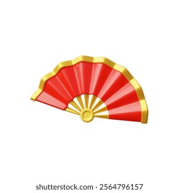 Vintage Japanese and Chinese folding red hand fan 3D plastic style icon. Asian traditional Uchiwa paper accessory with golden decorations for air cooling. Realistic vector render illustration isolated