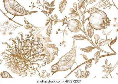 Flores de crisantemo, granadas, ramas, hojas y pájaros japoneses.Patrón veloz. Ilustración para tejidos, estuche de teléfono, embalaje de regalo, textiles, diseño interior, cubierta.