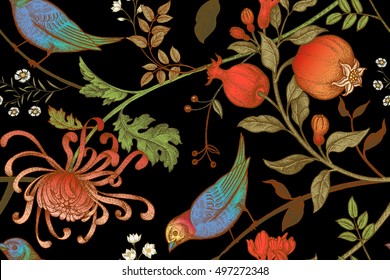 Vintage Japanese chrysanthemum flowers, pomegranates, branches, leaves and birds. Vector seamless pattern. Illustration for fabrics, phone case paper, gift packaging, textiles, interior design, cover.