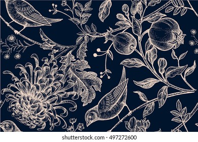 Vintage Japanese chrysanthemum flowers, pomegranates, branches, leaves and birds. Vector seamless pattern. Illustration for fabrics, phone case paper, gift packaging, textiles, interior design, cover.