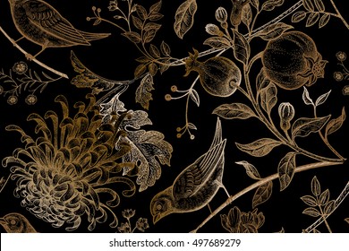 Vintage Japanese chrysanthemum flowers, pomegranates, branches, leaves and birds. Vector seamless pattern. Illustration for fabrics, phone case paper, gift packaging, textiles, interior design, cover.