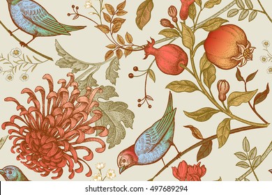 Vintage Japanese chrysanthemum flowers, pomegranates, branches, leaves and birds. Vector seamless pattern. Illustration for fabrics, phone case paper, gift packaging, textiles, interior design, cover.