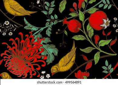 Flores de crisantemo, granadas, ramas, hojas y pájaros japoneses. Patrón veloz. Ilustración para tejidos, estuche de teléfono, embalaje de regalo, textiles, diseño interior, cubierta.