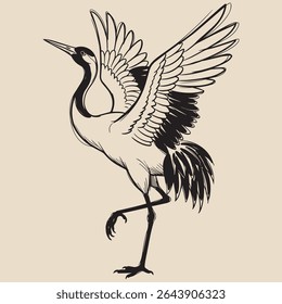Vintage Japanese Crane Sketch, Monochrome Line Art