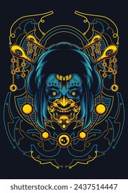 Vintage Japanese Culture Demon Oiran Geisha Skull Head Oni Mask Samurai Devil Monster Illustration Design