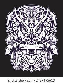 Vintage Japanese Culture Demon Oni Mask Samurai Devil Illustration Design for Logo, Mascot, Sticker, T-Shirt, and Tattoo