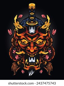 Vintage Japanese Culture Demon Skull Head Oni Mask Samurai Devil Monster Illustration Design for Logo, Mascot, Sticker, T-Shirt, Tattoo