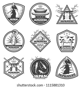 Vintage japanese culture labels set with samurai woman sumo player and traditional national elements isolated vector illustration