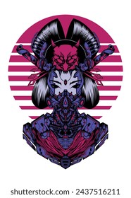 Vintage Japanese Culture Mecha Demon Head Samurai Devil Monster Geisha Oni Mask Anime Illustration Design for Logo, Mascot, Sticker, T-Shirt, Tattoo