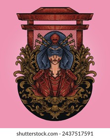 Vintage Japanese Culture Mecha Design: Anime Geisha Demon Skull Head Oni Mask Samurai Devil Monster Illustration