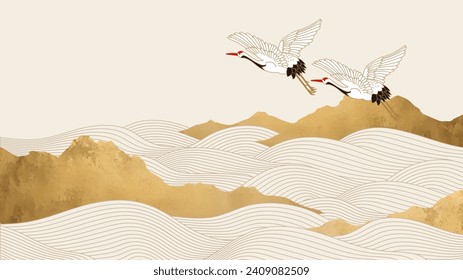 Vintage Japanese Design of Crane and Rough Wave