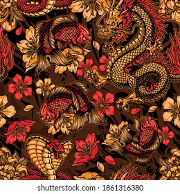 Vintage japanese elements seamless pattern with fantasy dragon snake koi carp sakura and chrysanthemum flowers vector illustration