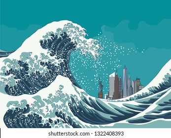 Vintage japanese engraving style great wave off New York City vector illustration