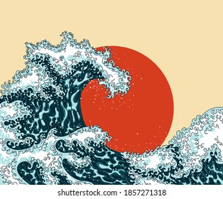 Vintage japanese engraving style great wave. Japanese ocean or sea water waves drawing with sun