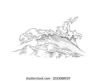Vintage Japanese engraving style image of sea wave, hand drawn monochrome vector illustration isolated on white background. Nautical marine wave element.