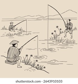 Vintage Japanese Fishing Scene Sketch, Monochrome Line Art