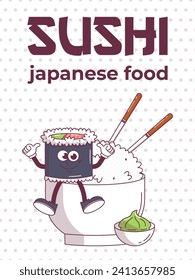 Vintage Japanese food character Sushi. Roll on plate rice groovy style. Cartoon design poster seafood for bar, restaurant. Retro vector illustration.