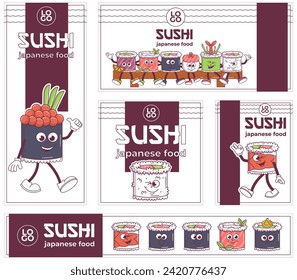 Sushi, un vintage personaje de comida japonesa. Sonrisa psicodélica a modo de groovía de mascota. Diseño de caricaturas mariscos para bar, restaurante. Establece afiches, banners, volantes, tarjetas. Ilustración vectorial retro.