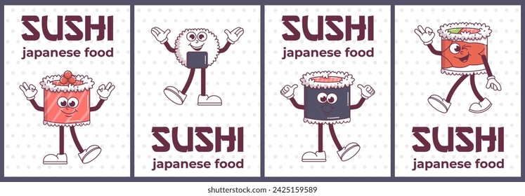 Vintage Japanese food character Sushi and Roll groovy style. Cartoon design poster set seafood for bar, restaurant. Retro vector illustration.