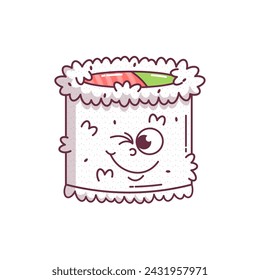 Vintage Japanese food character Sushi, Roll groovy style. Cartoon design sticker seafood for bar, restaurant. Retro vector illustration.