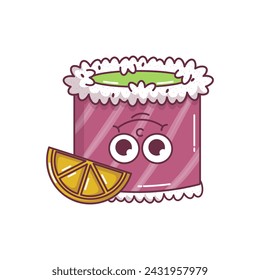 Vintage Japanese food character Sushi, Roll groovy style. Cartoon design sticker seafood for bar, restaurant. Retro vector illustration.