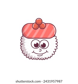 Vintage Japanese food character Sushi, Roll groovy style. Cartoon design sticker seafood for bar, restaurant. Retro vector illustration.