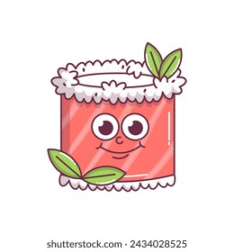 Vintage Japanese food character Sushi, Roll groovy style. Cartoon design sticker seafood for bar, restaurant. Retro vector illustration.