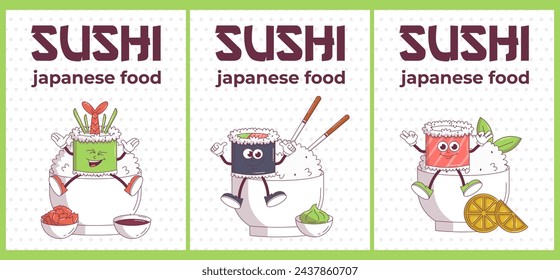 Vintage Japanese food character Sushi and Roll groovy style. Cartoon design poster set seafood for bar, restaurant. Retro vector illustration.