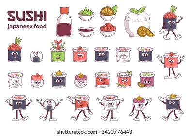 Vintage Japanese food characters big set Sushi, Rolls and more groovy style. Cartoon design stickers seafood for bar, restaurant. Retro vector illustration.