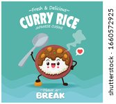 Vintage Japanese food poster design with vector Japanese curry rice characters. 