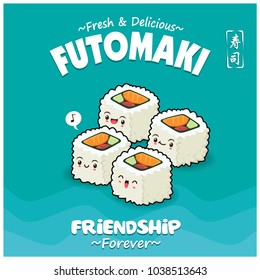 Vintage Japanese food poster design with vector sushi characters. Chinese word means sushi.