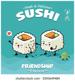 Vintage Japanese food poster design with vector Futomaki sushi characters. Chinese word means sushi.