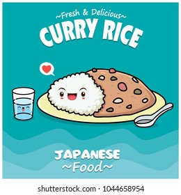 Vintage Japanese food poster design with vector Japanese curry rice characters. 