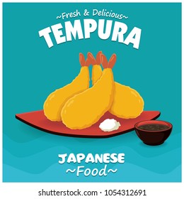 Vintage Japanese food poster design with vector tempura, shrimp. 
