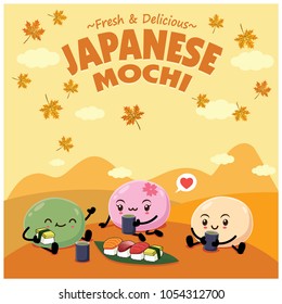 Vintage Japanese food poster design with vector Mochi, Ebi, Sake, Maguro, Hokkigai sushi characters. 