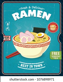 Vintage Japanese Food Poster Design With Vector Ramen Character. Chinese Word Means Sushi.