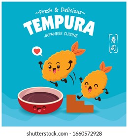 Vintage Japanese food poster design with vector tempura characters. Chinese word means sushi.